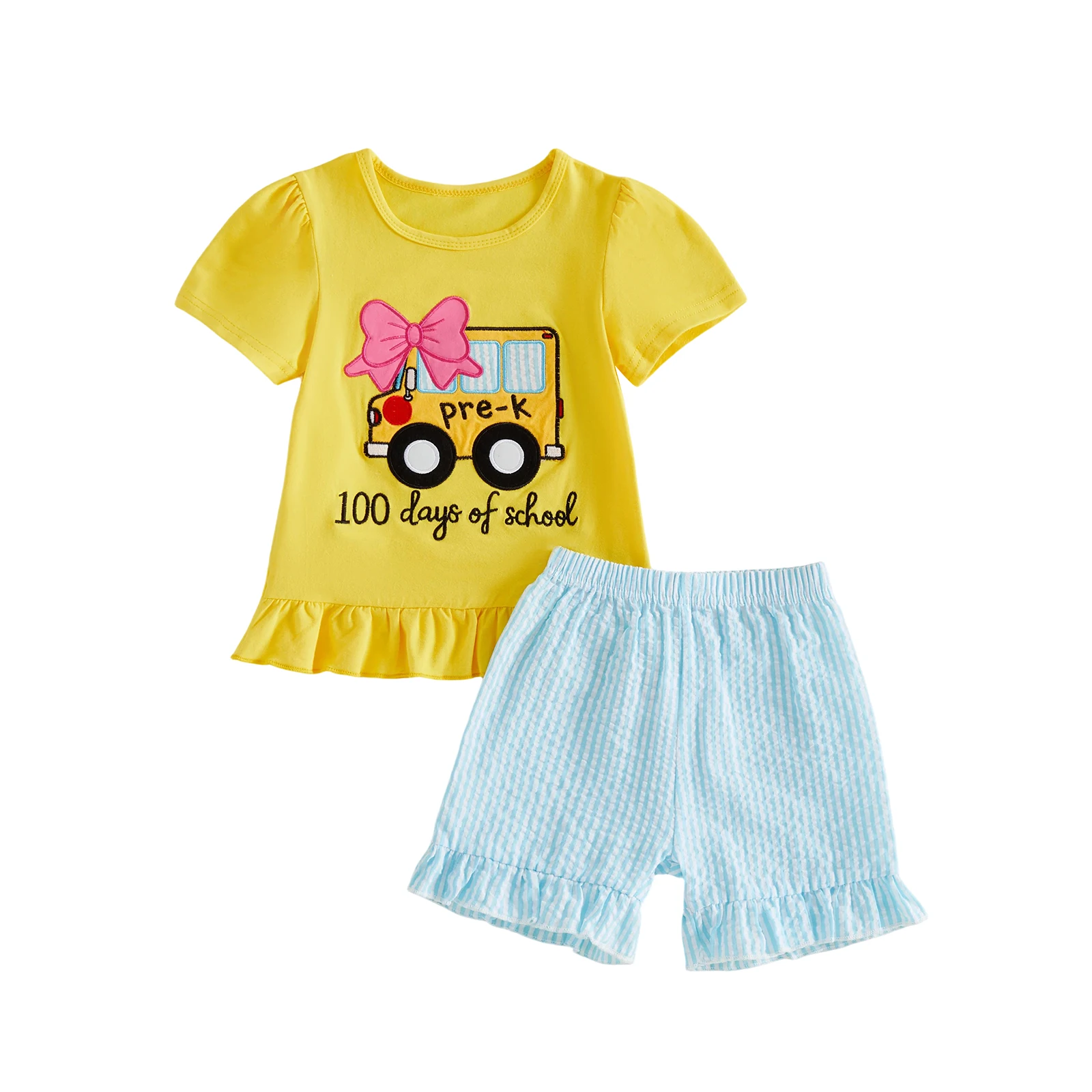 Girl Back to School Outfit Short Sleeve Embroidery Tops Striped Shorts