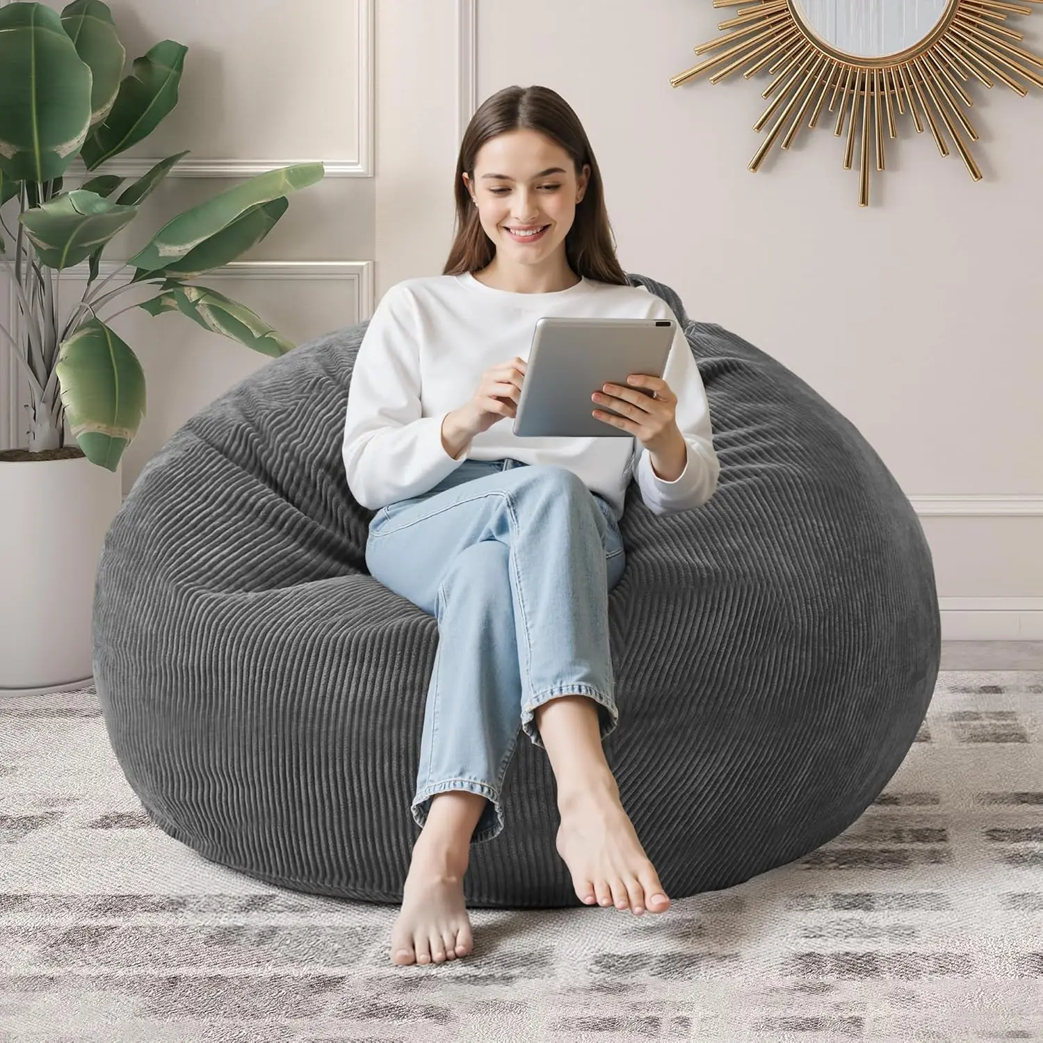 

Large Grey Teardrop Bean Bag Chair with Memory Foam, Machine Washable Cover for Adults in Living Room or Bedroom