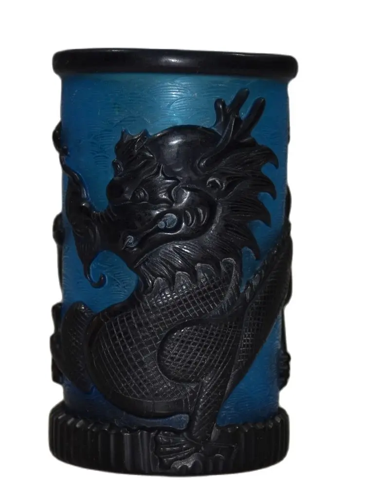 Chinese Old The Colored Glass carved dragon pen holder