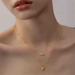 316L Stainless Steel 2025 New Fashion Waterproof Jewelry 2-Layer Pearl Shell Starfish Charm Chain Choker Necklaces For Women