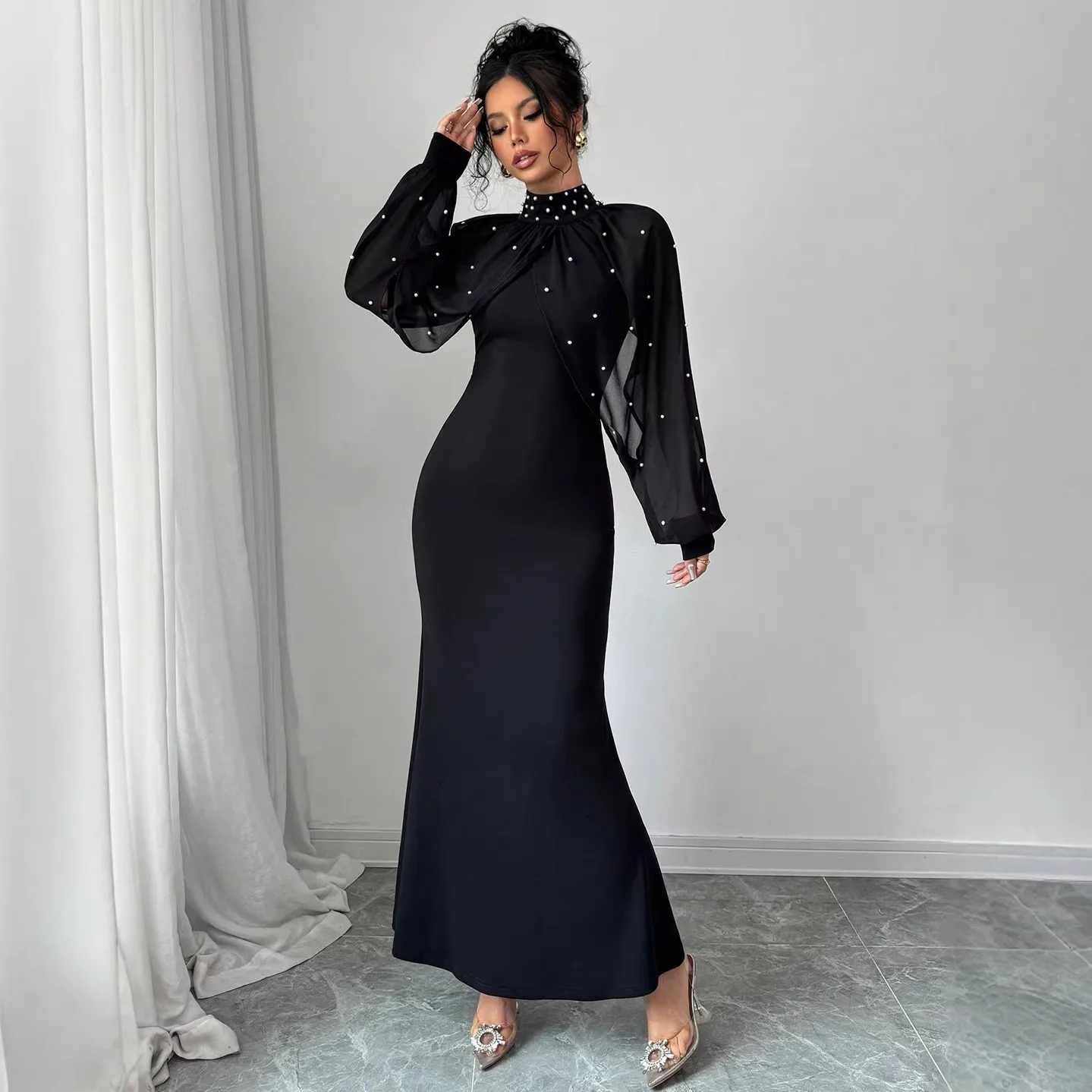 Long Sleeve Slim Fit Gown Socialite Style with Mid Length a Line Silhouette Middle Waist Regular Sleeve for Women Autumn