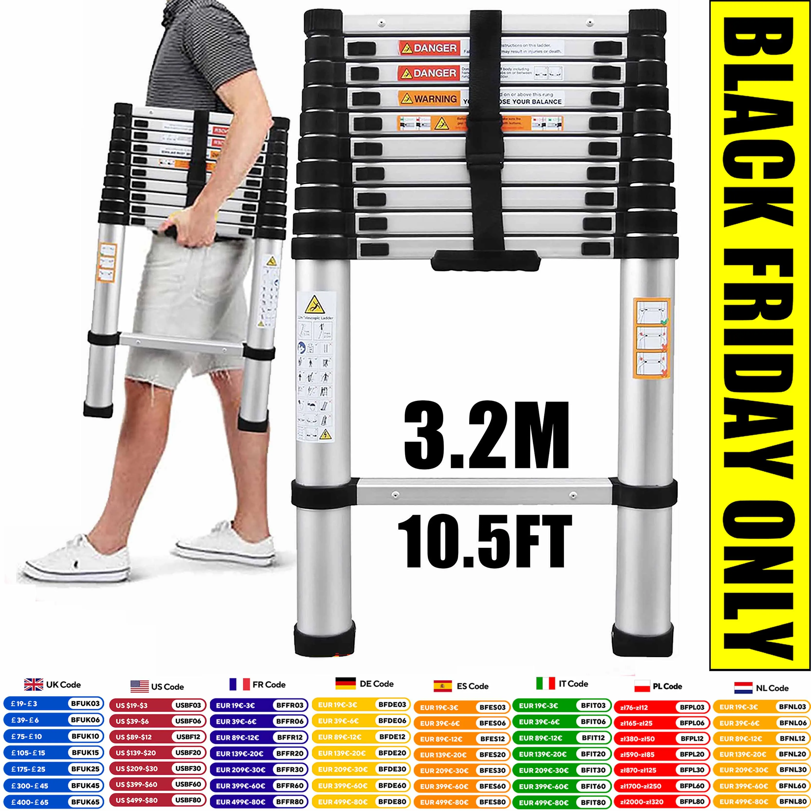 

DayPlus 3.2m Telescopic Ladder 10.5ft Heavy Duty Aluminum Folding Straight ladder with Non-slip Feet, Extendable Steps Loft Tool