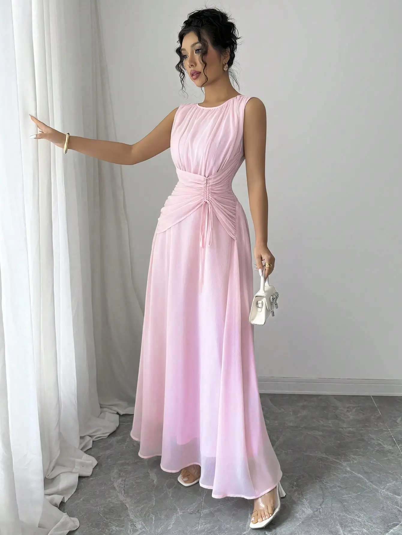 여성용 롱 쉬폰 맥시 드레스, 허리끈 디자인, 우아한 프렌치 로맨틱 빈티지 스타일, 캐주얼에 적합