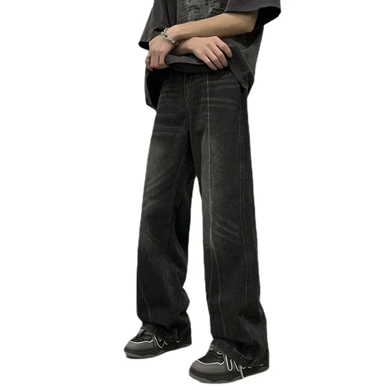 الرجال خمر جيوب فضفاضة المتعثرة غسلها المتعثرة عالية الخصر جان 2025 الصيف ابيض الصلبة كامل الجينز السراويل المستقيمة