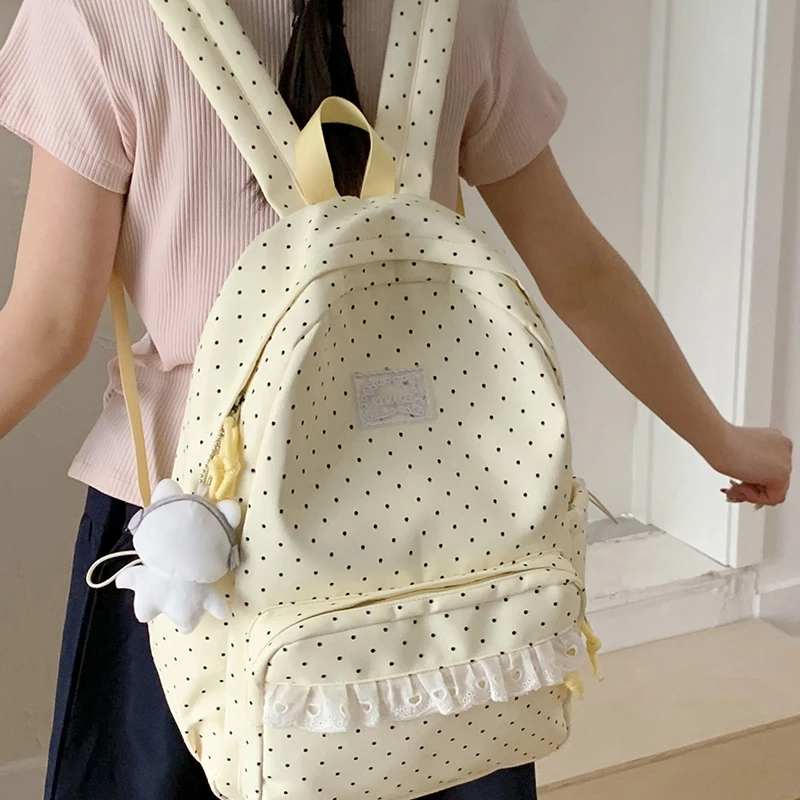 Modischer Rucksack, Damen-Schulrucksack mit Polka-Dot-Muster, süßer Spitzenbesatz, koreanischer leichter Schulrucksack mit großer Kapazität für Mädchen und Studenten – Detail 19