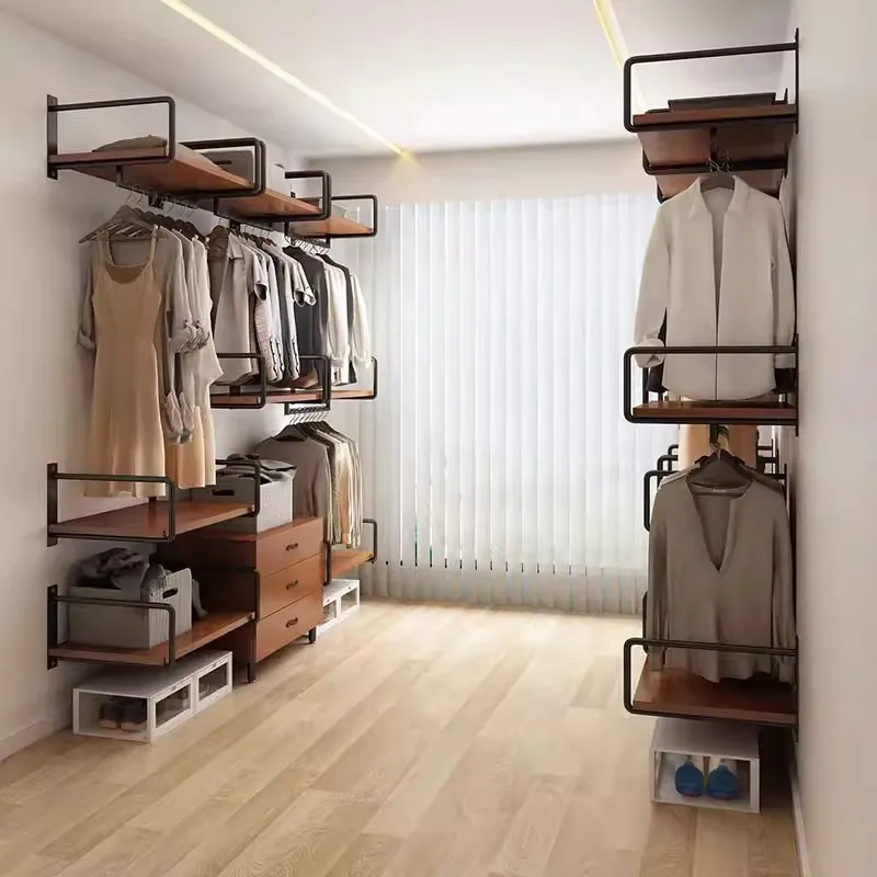Open wardrobe, wall-mounted cloakroom, solid wood metal full-mounted walk-in wall wardrobe