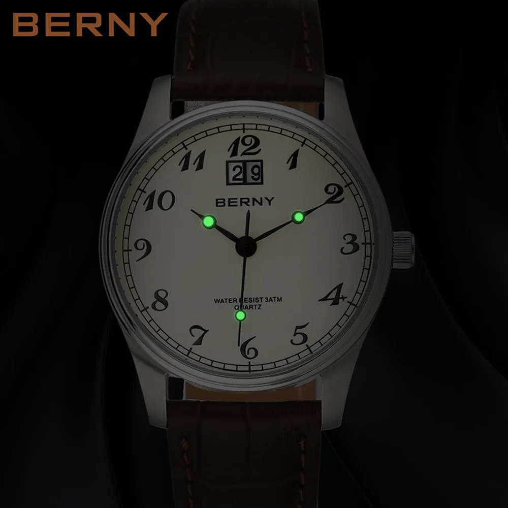 BERNY Men\'s Quartz Watch Classic Dress BERNY VJ76 Male Date Display Wristwatch Easy Read Analog Soft Leather 3ATM Waterproof