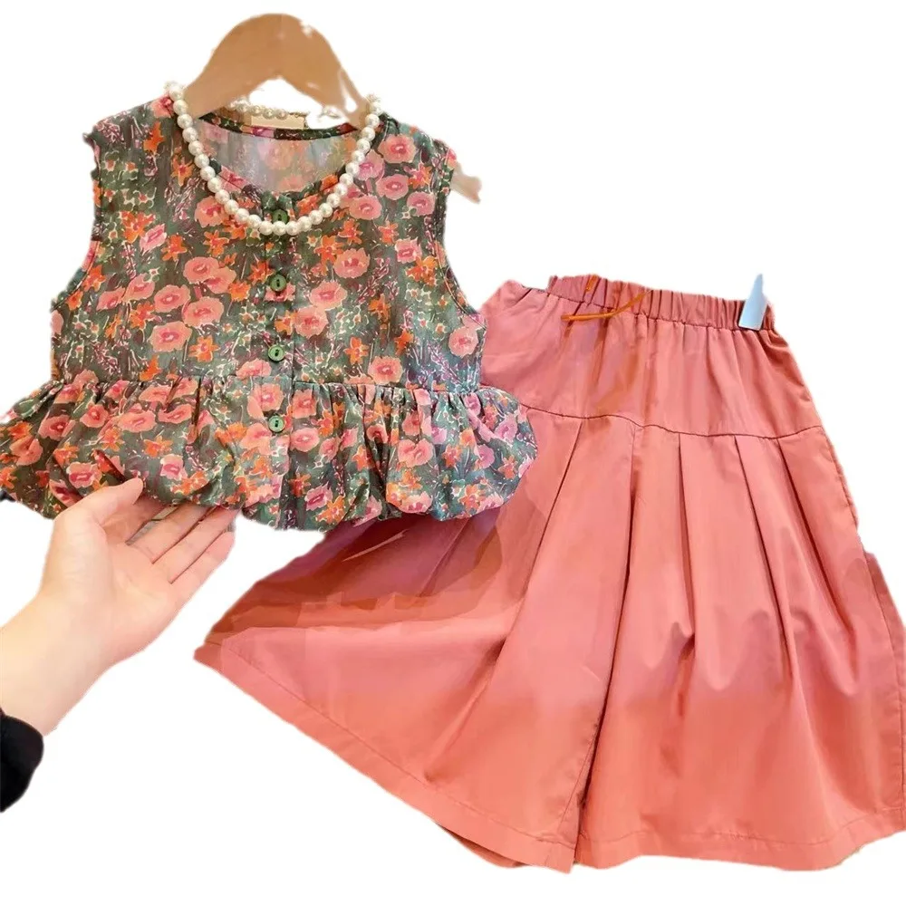 Girls Clothing Sets 2024 Summer New Children\'s Wear Ladies Style Fashion Floral Sleeveless Vest Top+wide Leg Skirt Pants 2-7Y