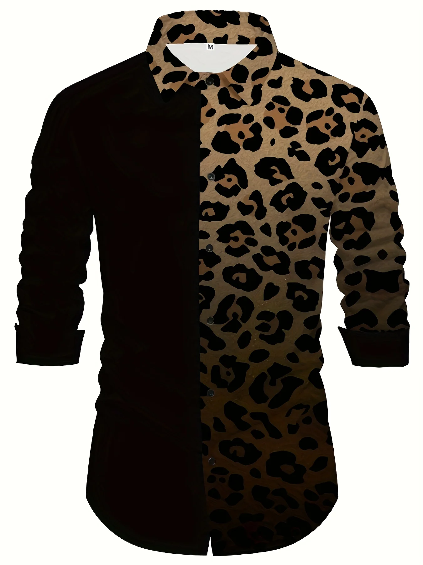 Men Long Sleeve Button Down Shirt Black Leopard Print Splice Polyester Lapel Collar Casual Party