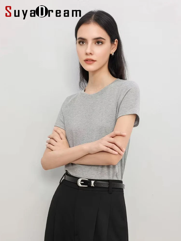 

SuyaDream, Women Solid T Shirts, Silk Viscose Blend, Plain O neck, Short Sleeved Tee 2025 Spring Autumn Basic Top, Grey, White