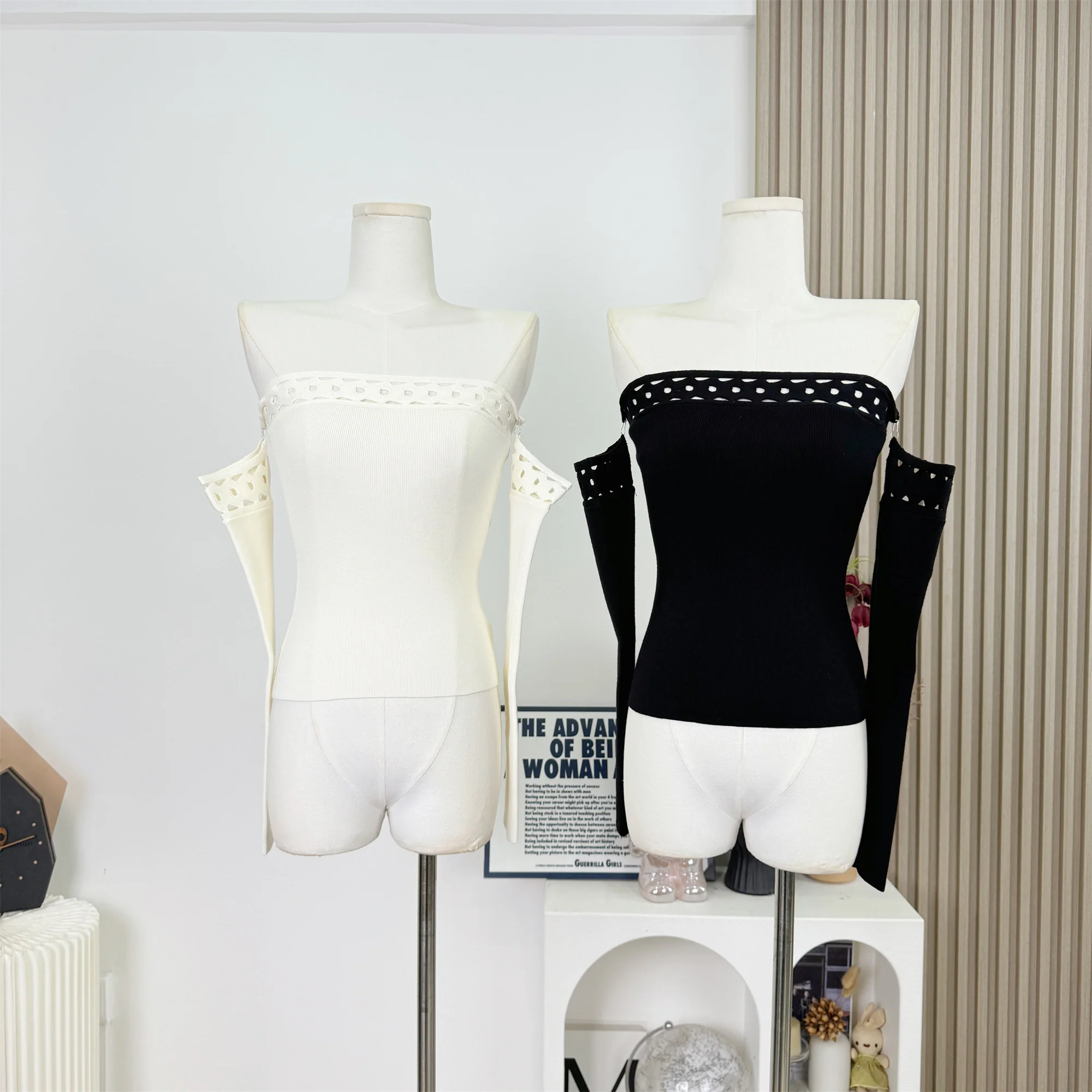 

Вязаный свитер с открытыми плечами и съемными рукавами, модные укороченные топы, женская одежда, винтажные осенние пуловеры C218