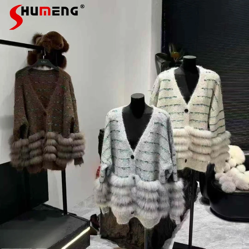 

Women's 2025 Autumn Winter New V-neck Fox Fur Coats Women's Mid-length Shiny Knitwear Loose Comfort Long Sleeve Knitted Cardigan