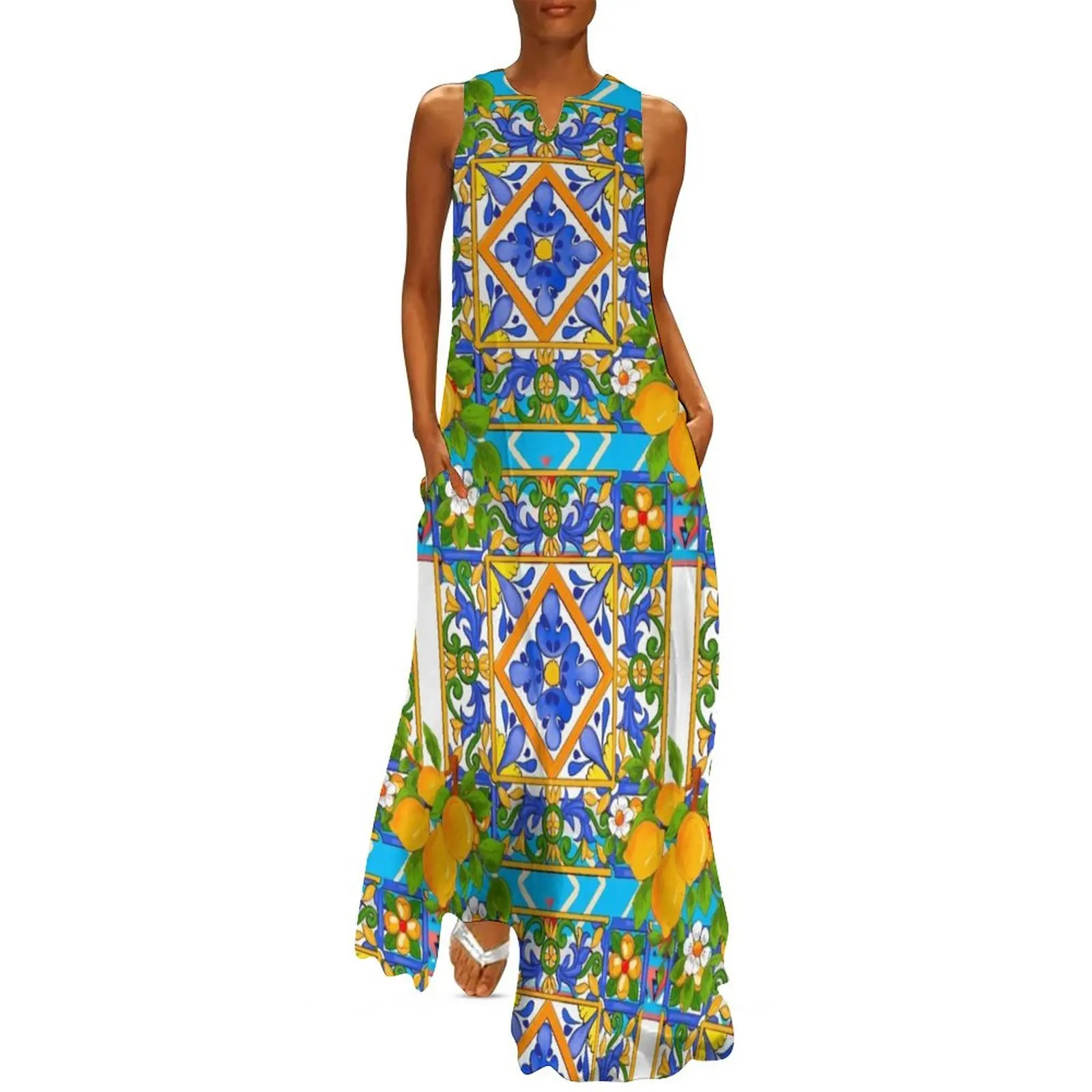 Summer ,Sicilian tiles ,citrus,lemons ,majolica Mediterranean Long Dress dress women summer 2025 dresses for women Dress