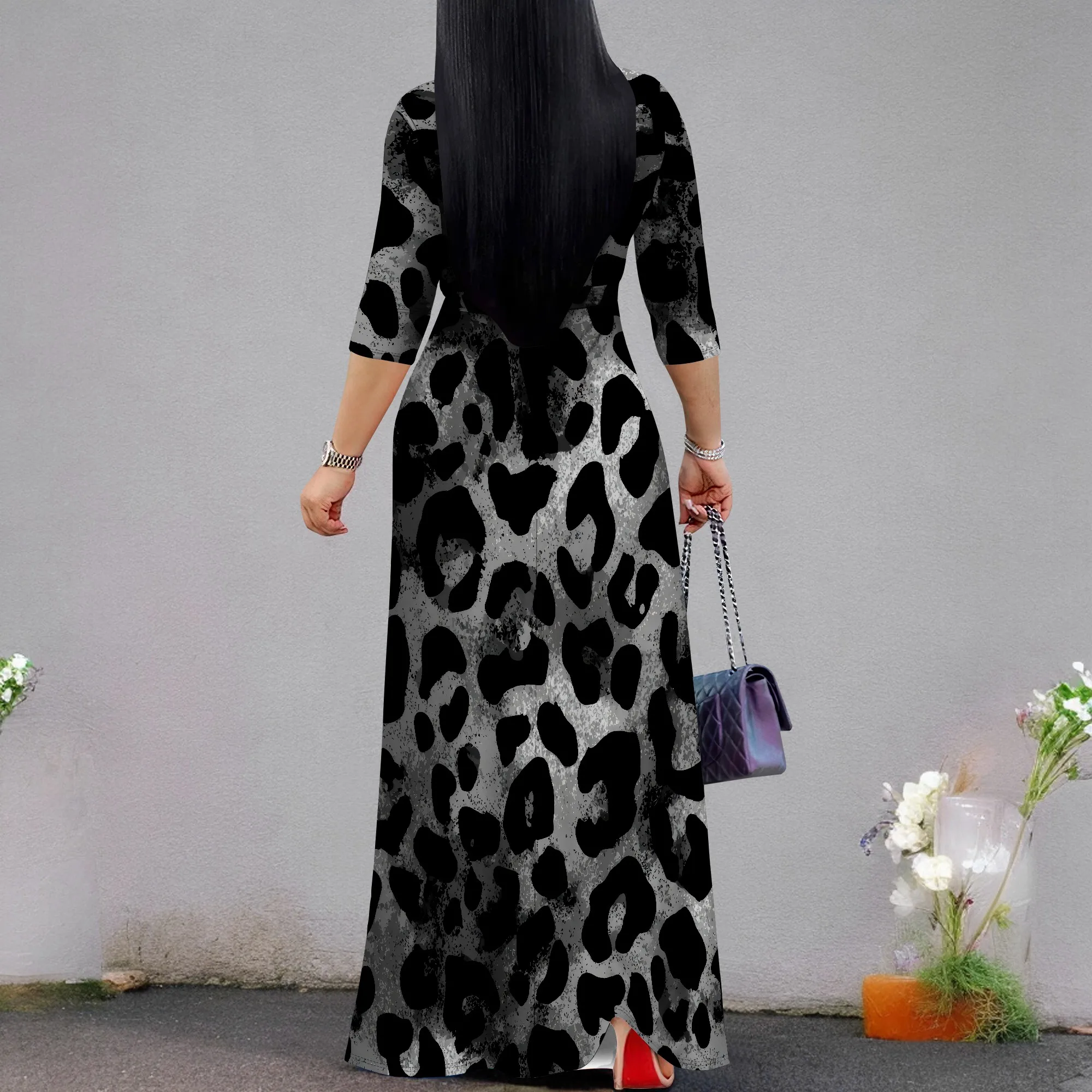Abiti lunghi da donna con stampa floreale estivi con tasche Abito lungo casual con maniche a 3/4 e scollo a V e cravatta in vita