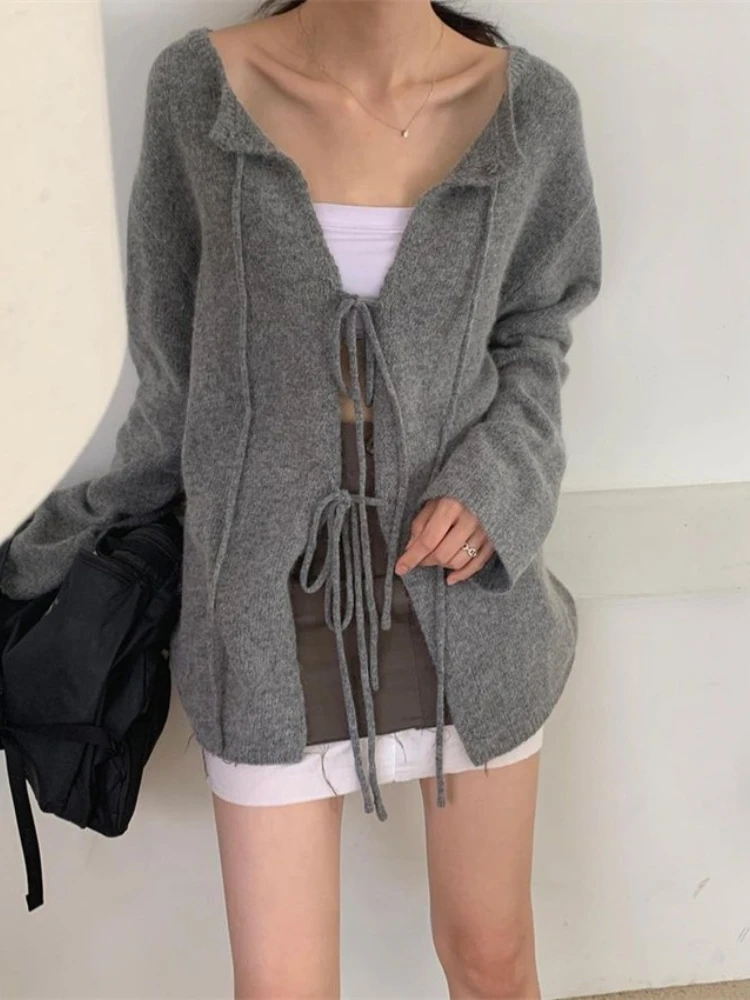 New Hollow Out Bandage Pullover Women Loose Grunge Solid Knitted Sweaters Vintage Harajuku Y2k Aesthetic Jumpers Fashion Casual