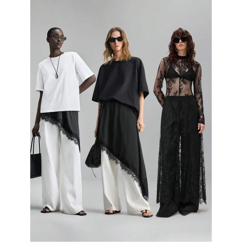 Women's Black Satin Lace Long Top,Elegant Summer Night Out Asymmetric Hemline Spaghetti Strap Cami,Modern Urban Casual Business