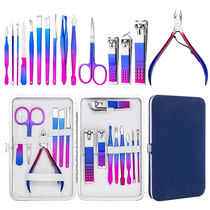 

7/10/12/15 PCS Rainbow Manicure Pedicure Set Nail Clippers for Women Gift with Leather Case Grooming Kit