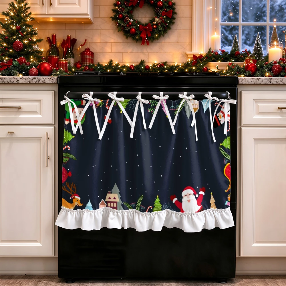 1PC lace up kitchen curtain, ruffled hem, 2D flat Santa Reindeer Tree pattern, cabinet cover curtain, Christmas home decoration