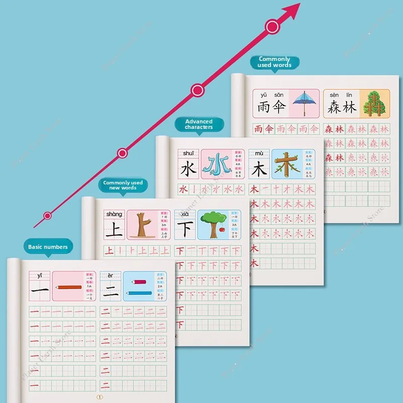4 Book/Set Writing Chinese Book Chinese Characters with Pictures Copybook Fit Kids (Preschool 300 Words, Different Color Cover)