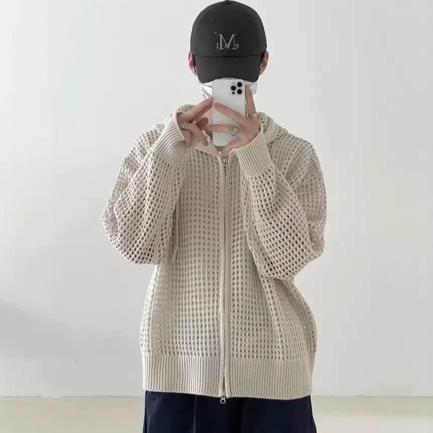 Hoodie Uniseks Kardigan Rajutan Berkerudung Berlubang Trendi untuk Pria Mantel Sweter Ritsleting Longgar Musim Semi Musim Gugur Pakaian Luar Kasual
