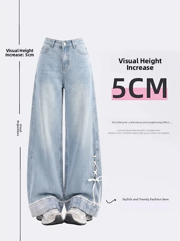 Summer New High Waist Wide Leg Denim Pants Women's Bowed Tie Flip Straight Tube Long Jeans Casual American Style High Waist