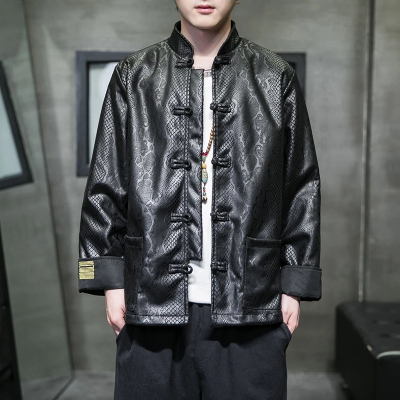 Nouveau Style Chinois Printemps Automne Veste pour Hommes Mode en peau de Serpent Jacquard Daim Velo