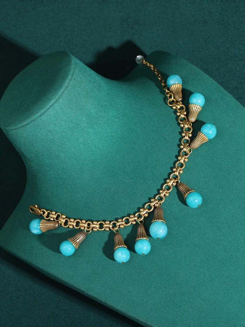 خمر الفيروز ضوء لمبة شرابة سوار 18 كيلو الذهب اللون الحجر الطبيعي الإسورة مجوهرات العتيقة اكسسوارات الرجعية للنساء