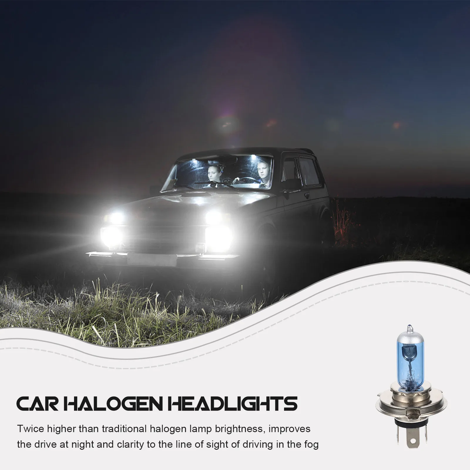 

2Pcs H4 12V 100W Car Halogen Headlight 6000K White Light Bulb Auto Headlamp High Intensity Output for Clear Vision in Rain Or