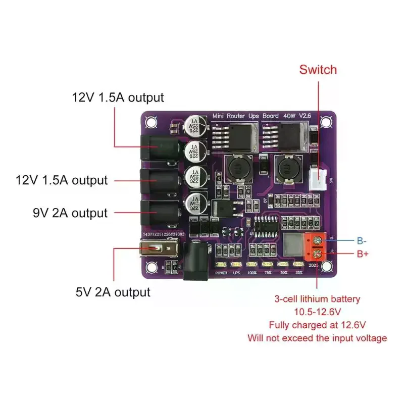 Router UPS Board 40W Battery Charging Board 5V 9V 12V Output Uninterruptible Power Supply Board For Router Backup Power Mini