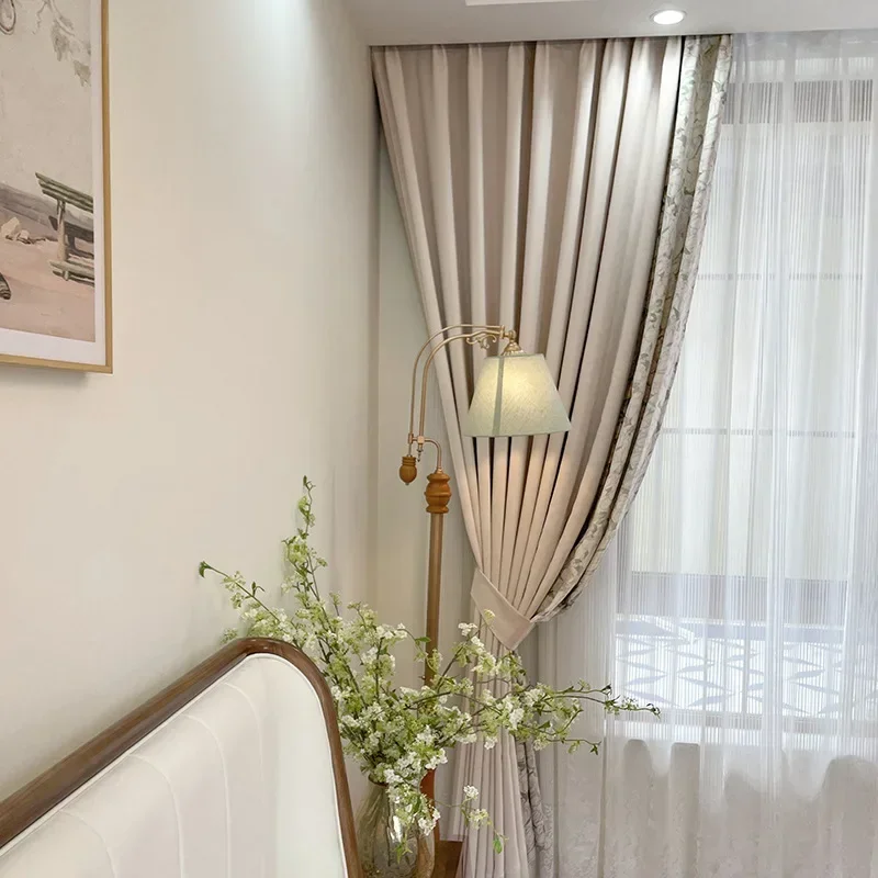 Curtains Customized Finished Product For Living Room Bedroom Partition Curtain Pastoral Milk Tea Velvet Print Splice Thickened