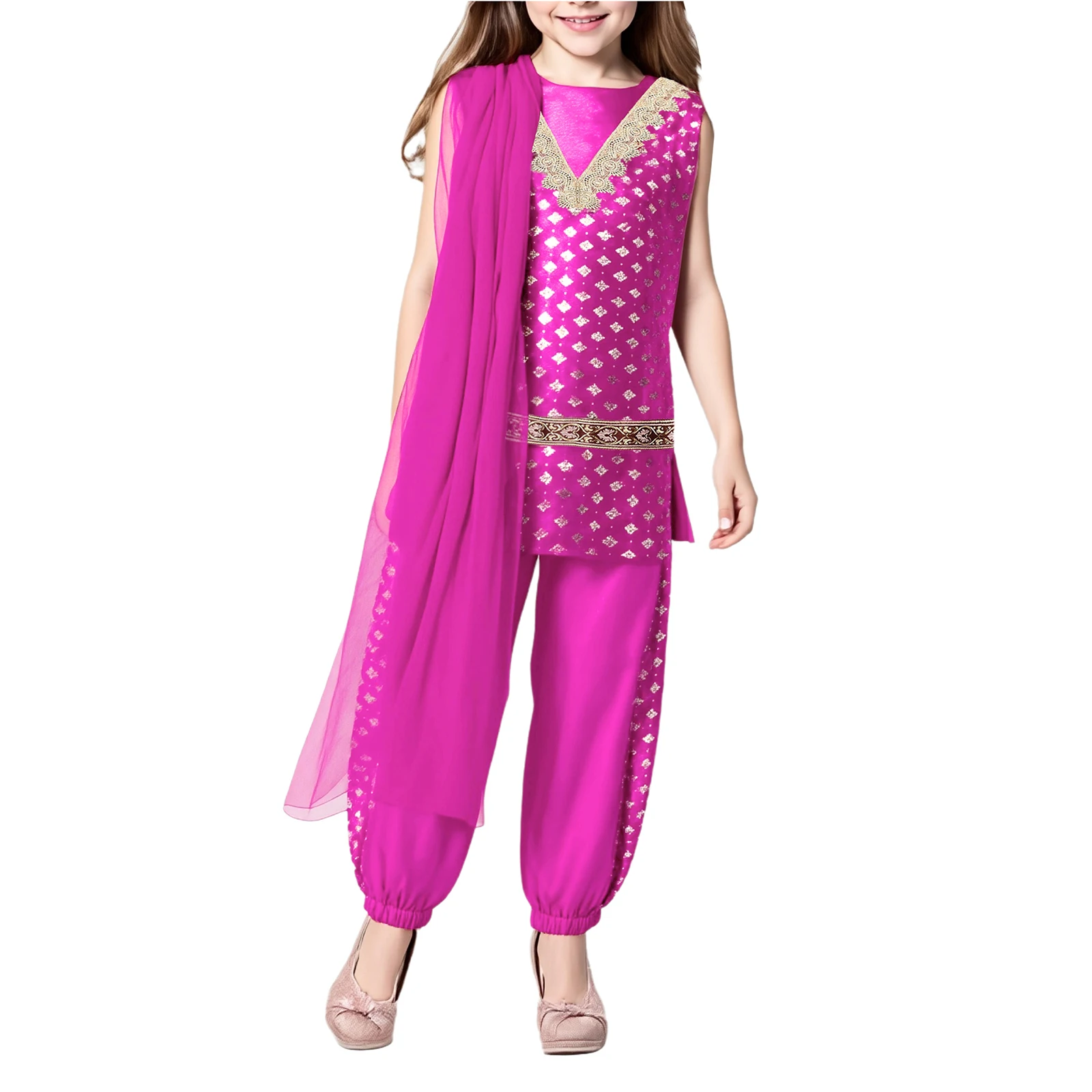 الهند باكستان الملابس فستان الرقص زي العرقية نمط الفتاة اليومية العرقية مجموعة بلا أكمام الجانبين الظهر وشاح من الساتان البنطلونات