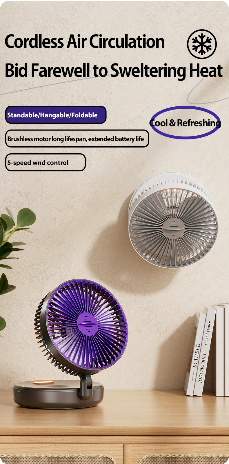 1 x wiederaufladbarer 3-in-1-Multifunktions-Desktop-Lüfter, 90 ° Faltbarer, wandmontierter Ventilator, 4-stufige Geschwindigkeiten, mit warmem Nachtlicht – Detail 1