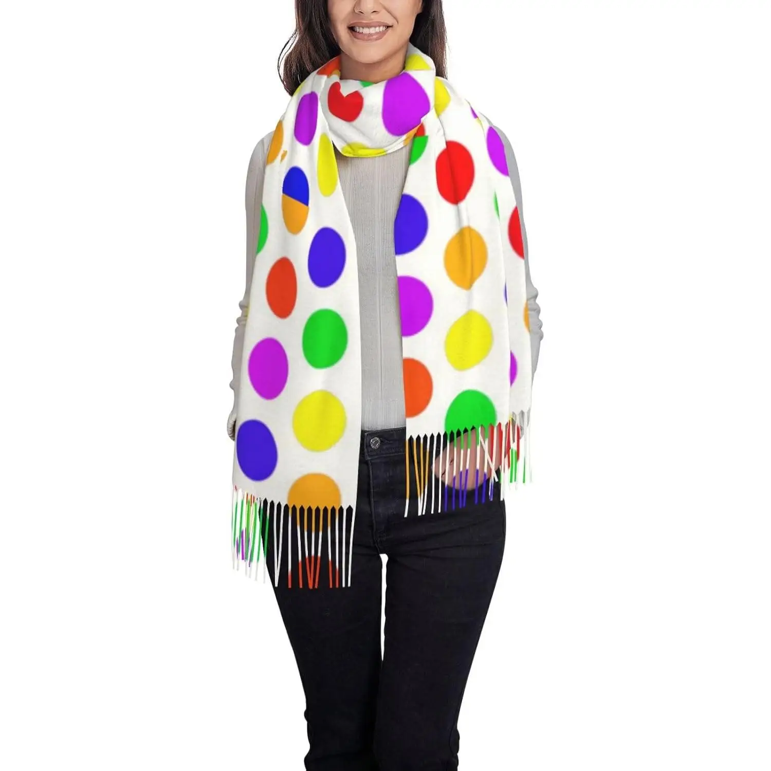 

Красивый шарф с кисточками в горошек, шаль, шарф, женский теплый мягкий подарок на осень-зиму сезона, подарок для женщин, весна, осень, зима