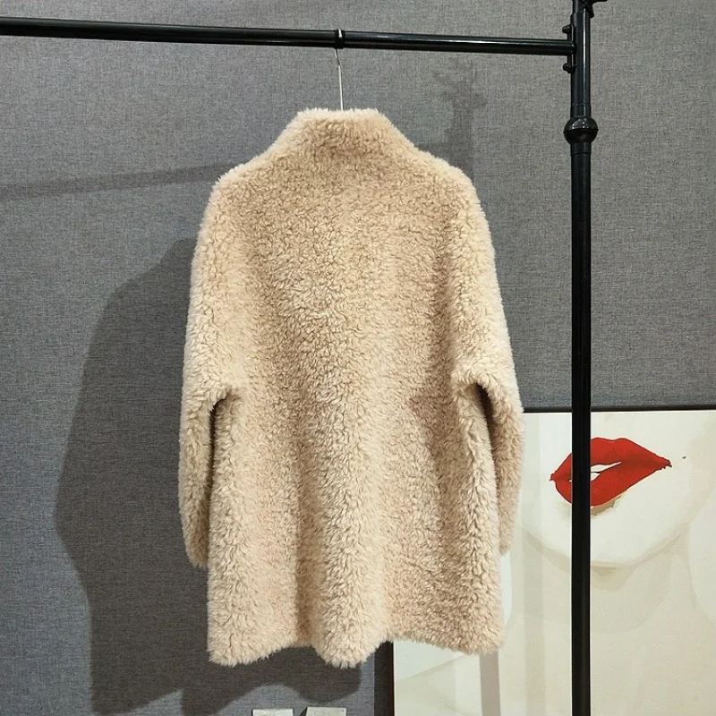 Minimalist Style Stand-up Collar Sheep Shearling Coat Women Mid-length Casual and Warm Winter Jacket JT516
