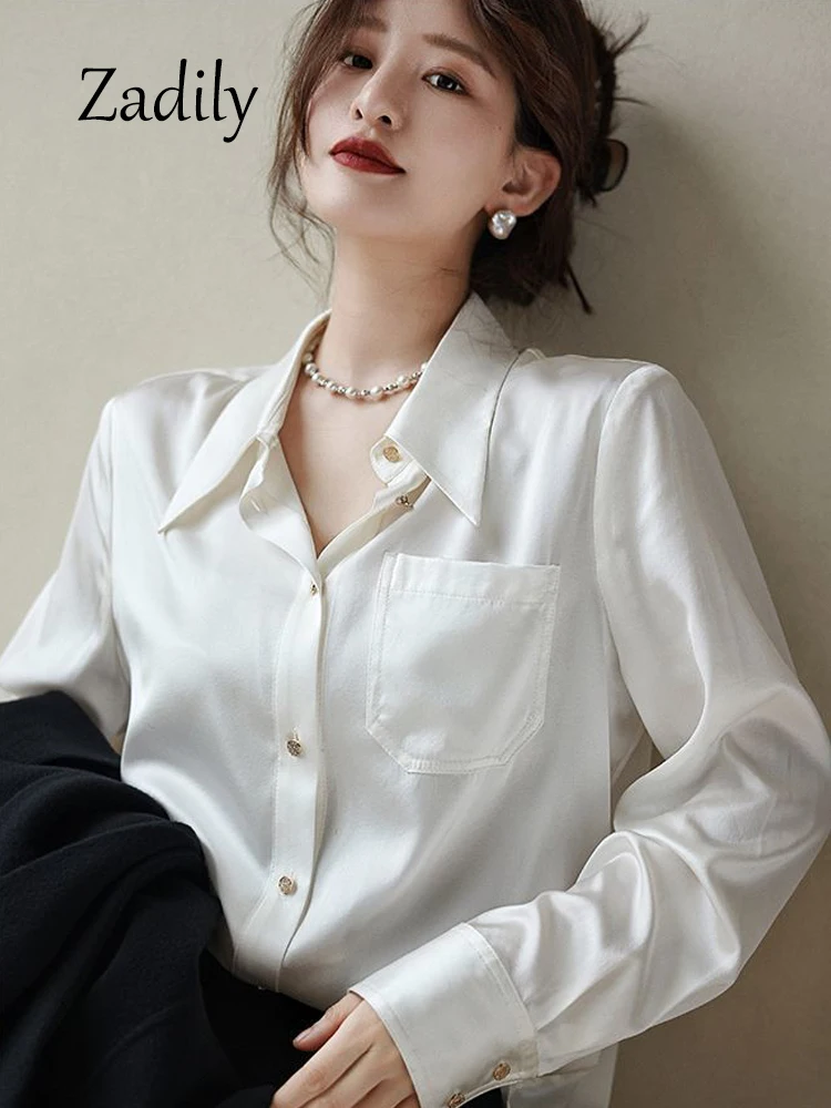 2023 Spring Long Sleeve Elegant White Satin Shirt Korea Style Perfect Office Wear Button Up Work Ladies Blouse Female Clothing