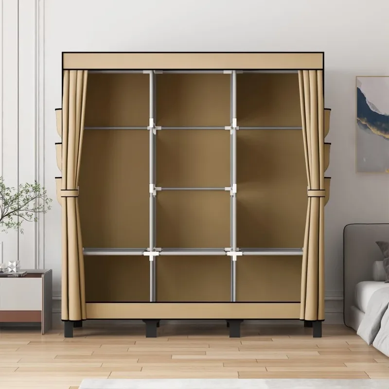 Lemari pakaian gantung sederhana, banyak rak dan 3 gantungan, 18 saku samping 51 "W*17.7" D*67.7 "H (warna krem)