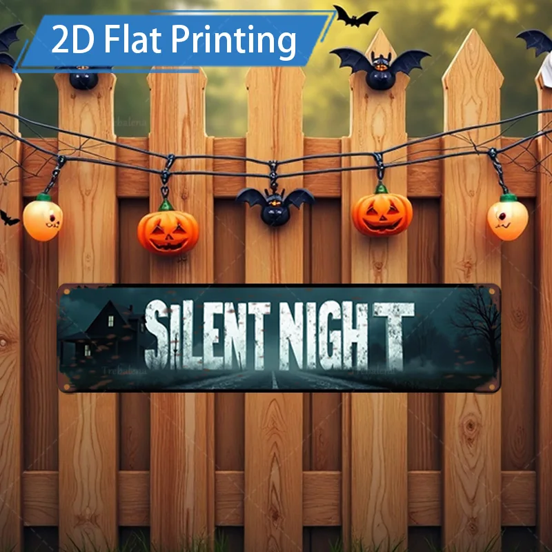 قطعة واحدة من لافتة معدنية، لافتة معدنية صامتة للهالوين مقاس 4 × 16 بوصة مع زينة اليقطين والخفافيش لديكور المنزل