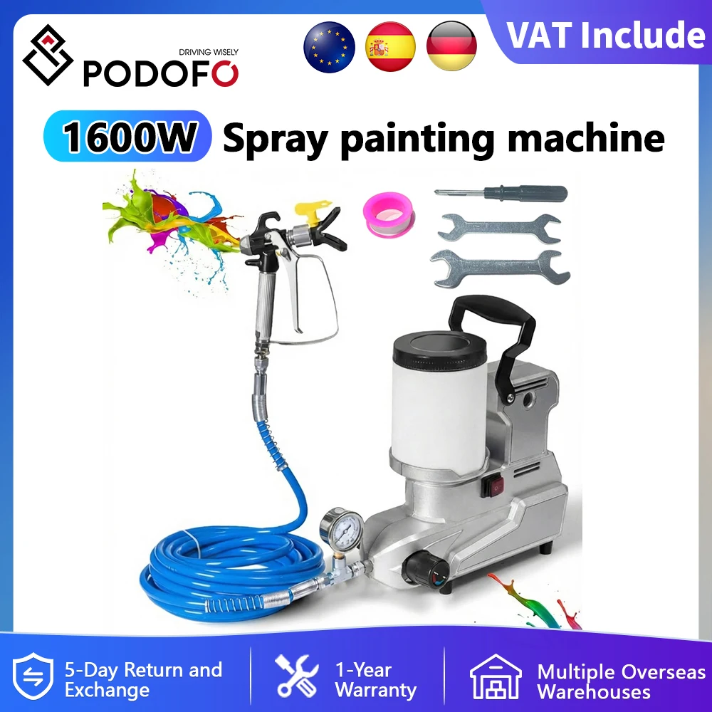 Pistolet de pulvérisation électrique sans air Podofo 2L 1600W avec tuyau de 5m, pulvérisateur mural pour la peinture intérieure, la peinture de la maison, le bricolage