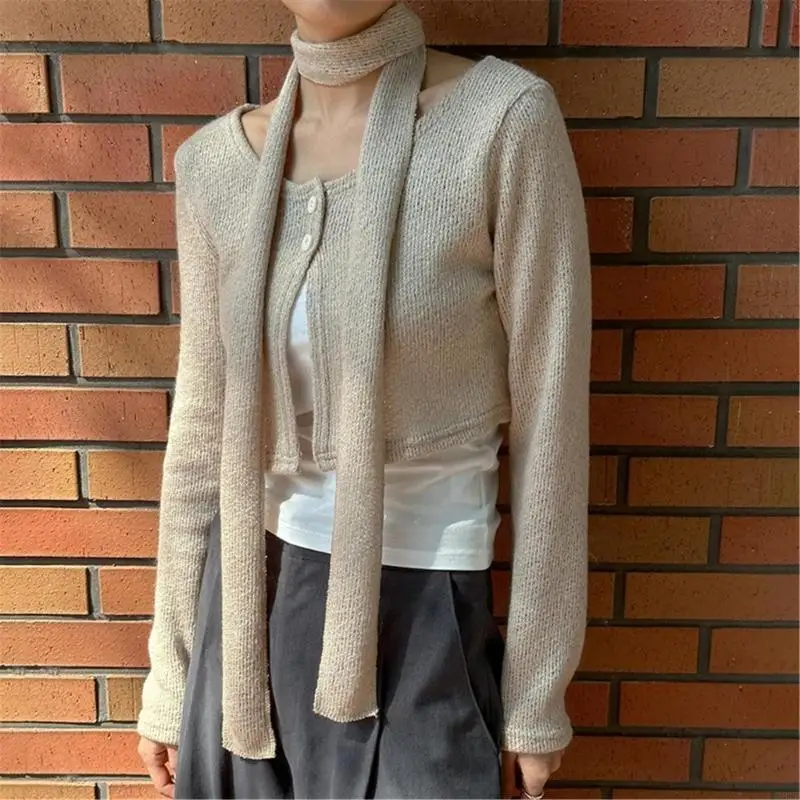 2025 New Women Fall 3 Pieces Sweater Long Sleeve Cropped Cardigan with Cami Top and Scarf