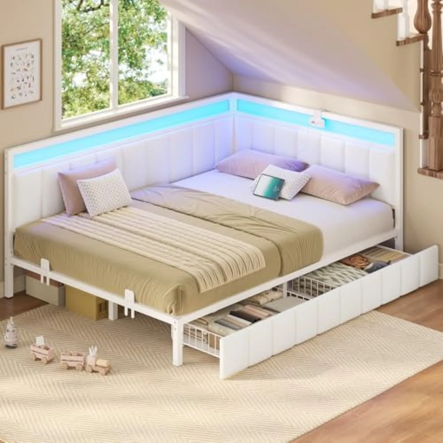 Corner Bed Frame with Storage Drawers, Full Daybed with Line Fabric Upholstered Fence, Kids Bed Unit with LED Light and