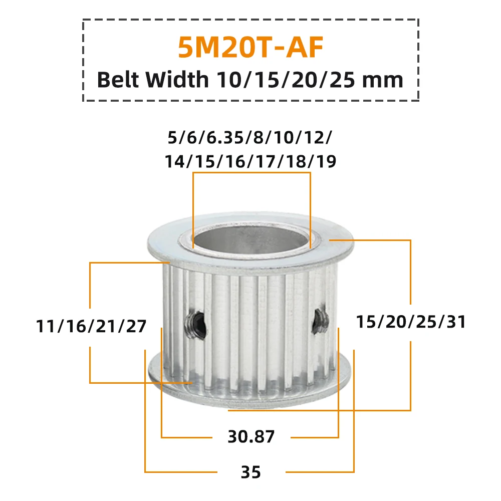 5M 20 Teeth Timing Pulley AF Double Sided Flat Synchronous Wheel Groove Belt Width 10/15/20/25 mm Bore 5-22mm 20T 20Teeth