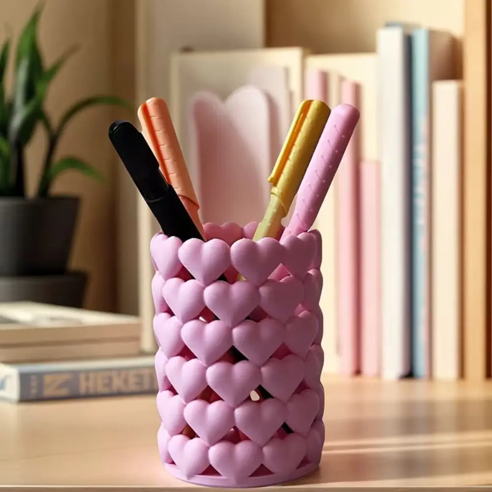 3D Printed Heart-shaped Pen Holder Hollow Round 3D Printed Pencil Cup Space Saving Cute Stationery Organizer Students Use
