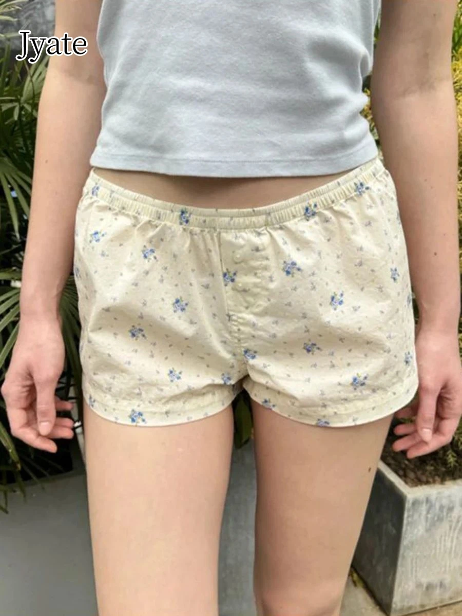 

Jyate Blue Floral Print Shorts Women 2024 Summer Button Elastic Waist Cotton Straight Sweetshorts Sweet Y2k Sweet Home Underwear