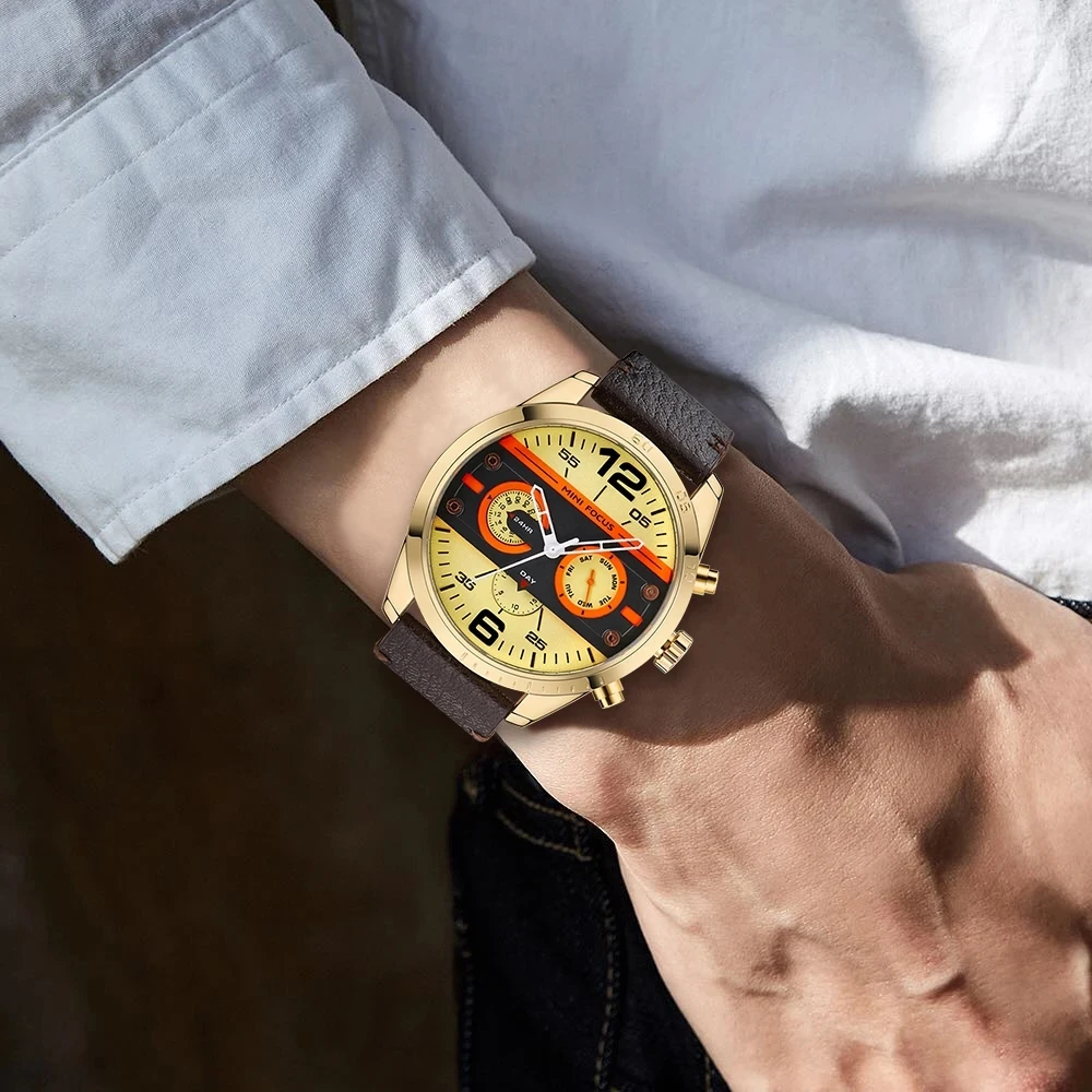 MINI FOCUS 0068 موضة ساعة كوارتز رجالية عادية فاخرة عرض التاريخ التقويم حزام من الجلد الأعمال مقاوم للماء الساعات reloj