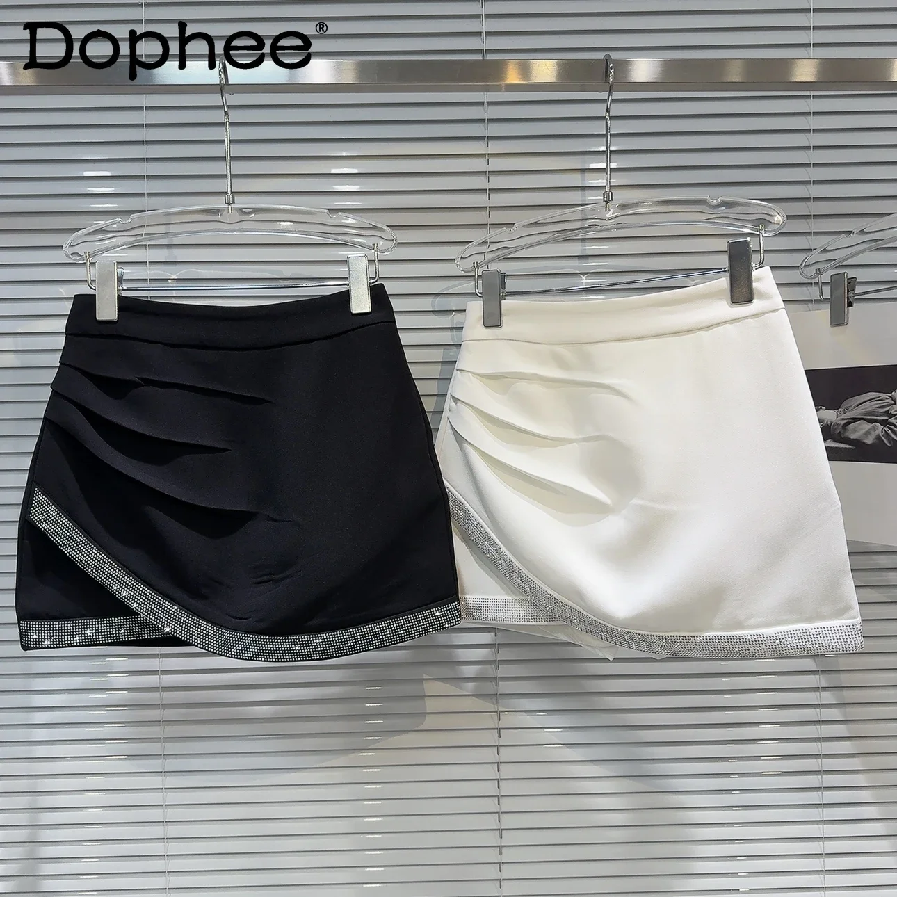 Autumn New Temperament Celebrity Rhinestone Hot Drill Edge Pleated Design Skirt Hip Skirt Women Korean Fashion Clothing