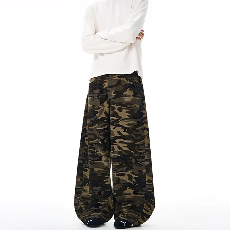 KIDWHXR Man Full-length Pant American Retro Camouflage Printed Men Straight-leg Pant Loose Mid Waist Casual Male Trousers