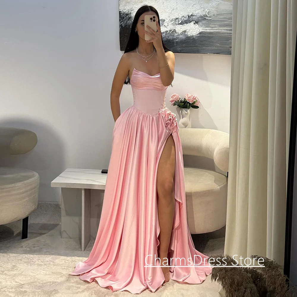 アラビアンイブニングドレス カスタマイズされたスクープネック ノースリーブ クリスタルストーン フラワードレープ ハイスリット Aライン サテン プロムドレス