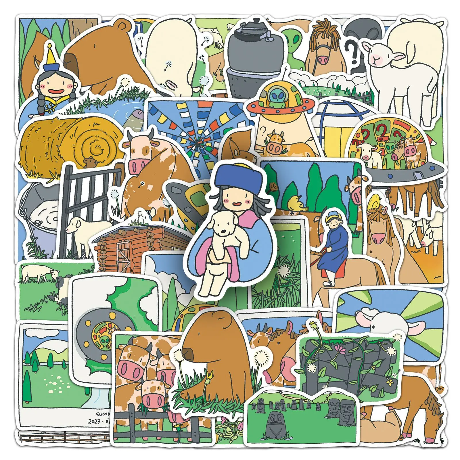50 PCS New Alien Grassland Funny Ranch Fun Hand Drawn Animal Stickers Student Hand Account Material Waterproof Decorate Decals