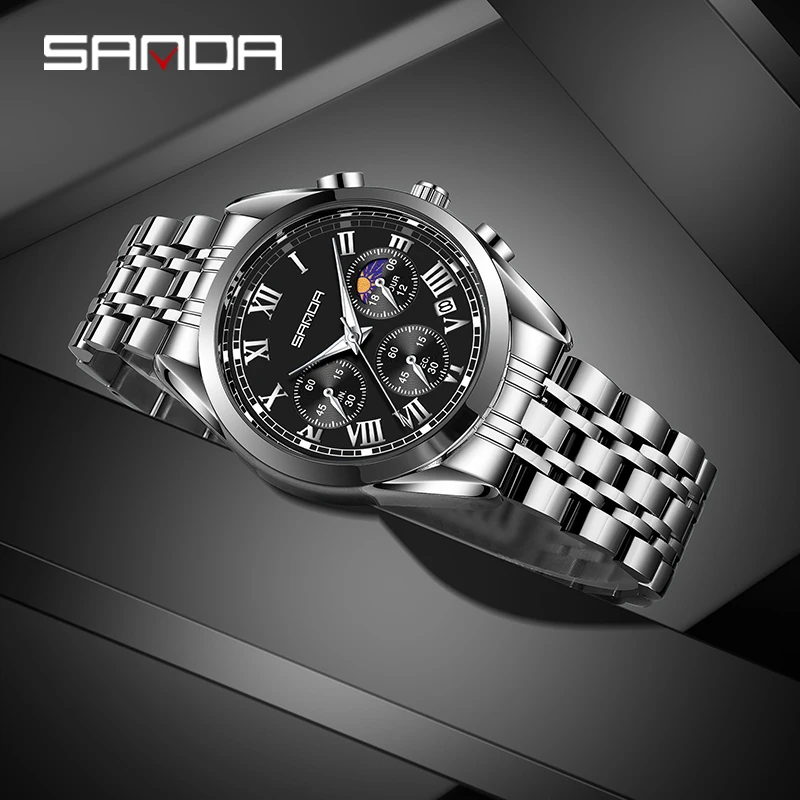 SANDA Top Luxury Classics Roman Numerals Men Quartz Watch Fashion Waterproof Luminous Watches Sport Business Men Gift Wristwatch