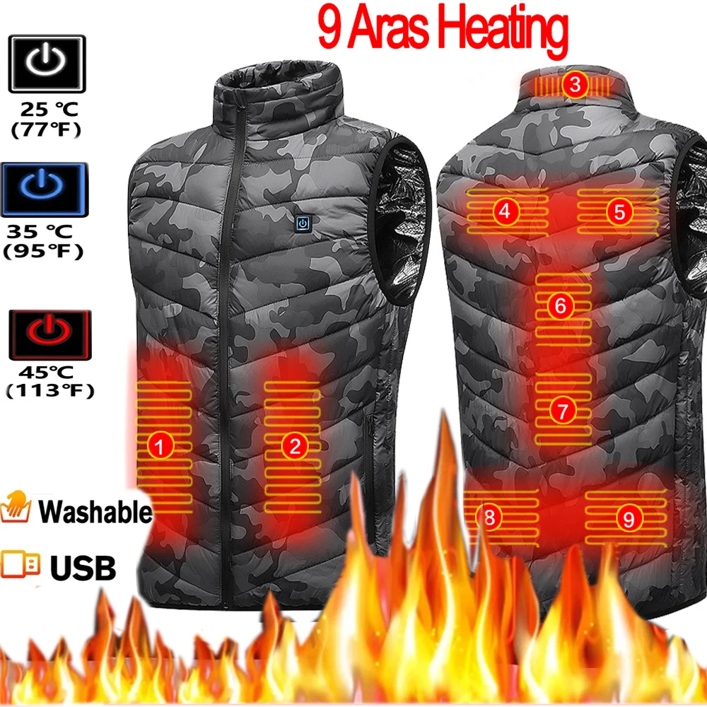 9 Places Heated Vest Men Women Usb Heated Jacket Heating Vest Thermal Clothing Hunting Vest Winter Heating Jacket